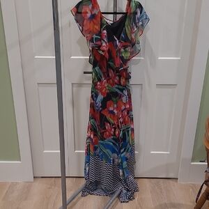 Tropical Floral Maxi Dress with Flutter Sleeves
